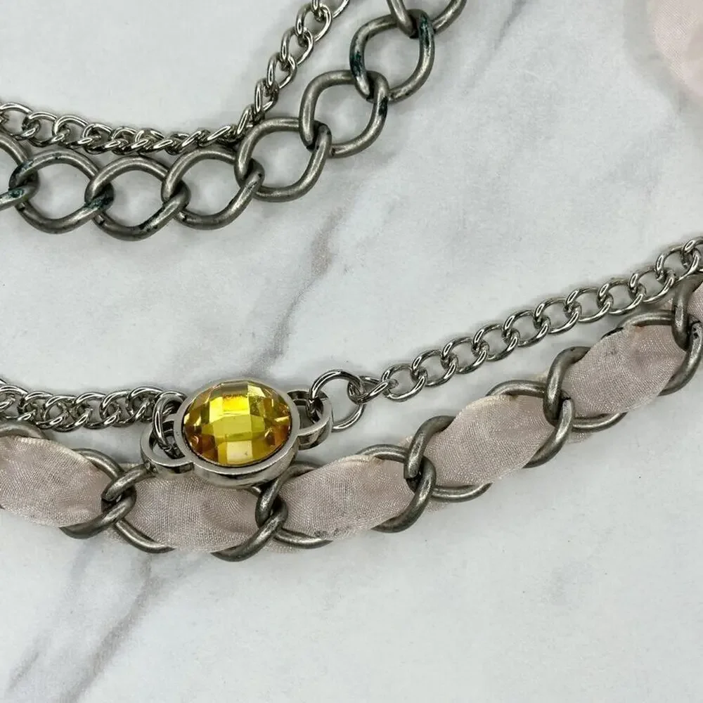 Pink Flower Rhinestone Silver Tone Metal Chain Link Belt Size Large L XL